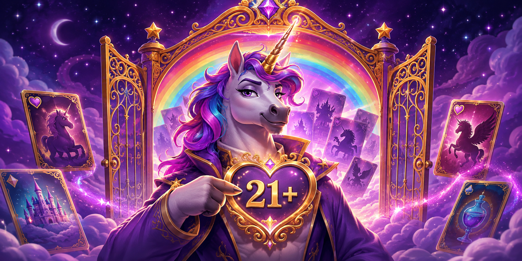 An adult unicorn taps a glowing 21 plus heart badge before an open golden gateway filled with rainbow light and magical cards