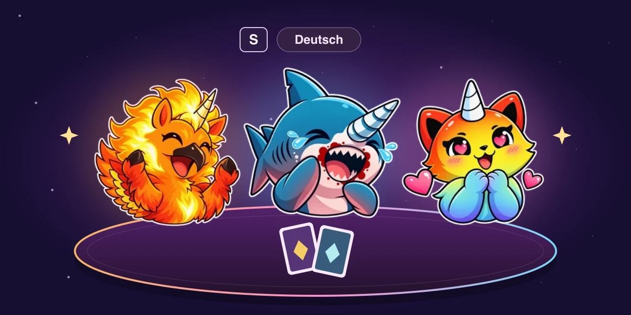 Phoenix, Shark with a Horn, and Magical Kittencorn reaction stickers above a purple card table, beside an S key and a Deutsch language badge.