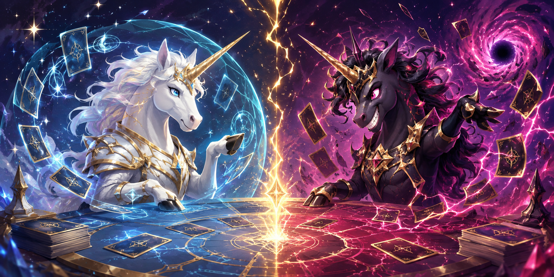 A composed white-and-gold unicorn and a wild black-and-gold unicorn face off across a glowing card table surrounded by blue control magic and magenta chaos energy