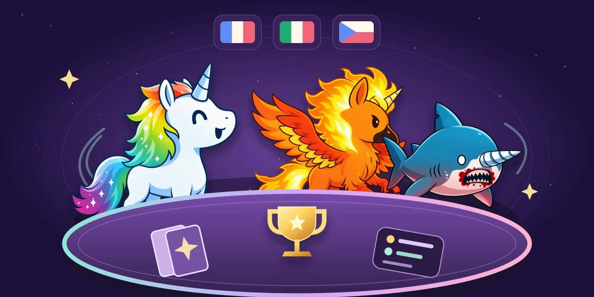 Rainbow Unicorn, Phoenix, and Shark with a Horn gather around a purple card table beneath French, Italian, and Czech flags and a golden trophy.