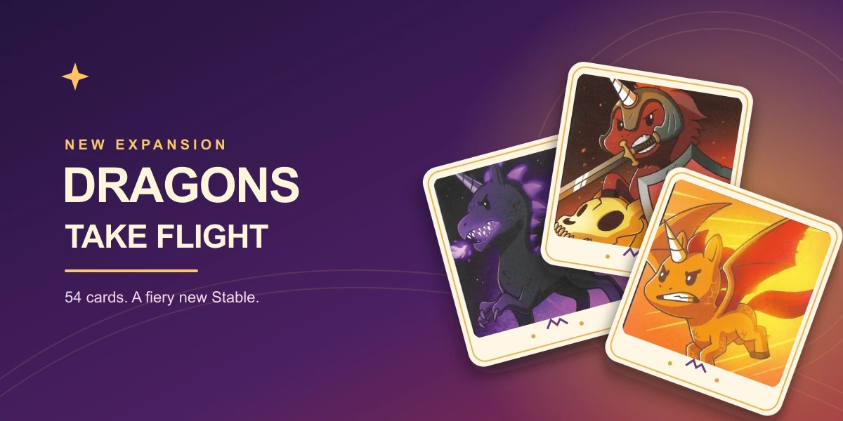 Dragon Unicorn, Dragon Slayer Unicorn, and Scaled Flying Unicorn on three golden-framed cards against a purple and fiery backdrop.