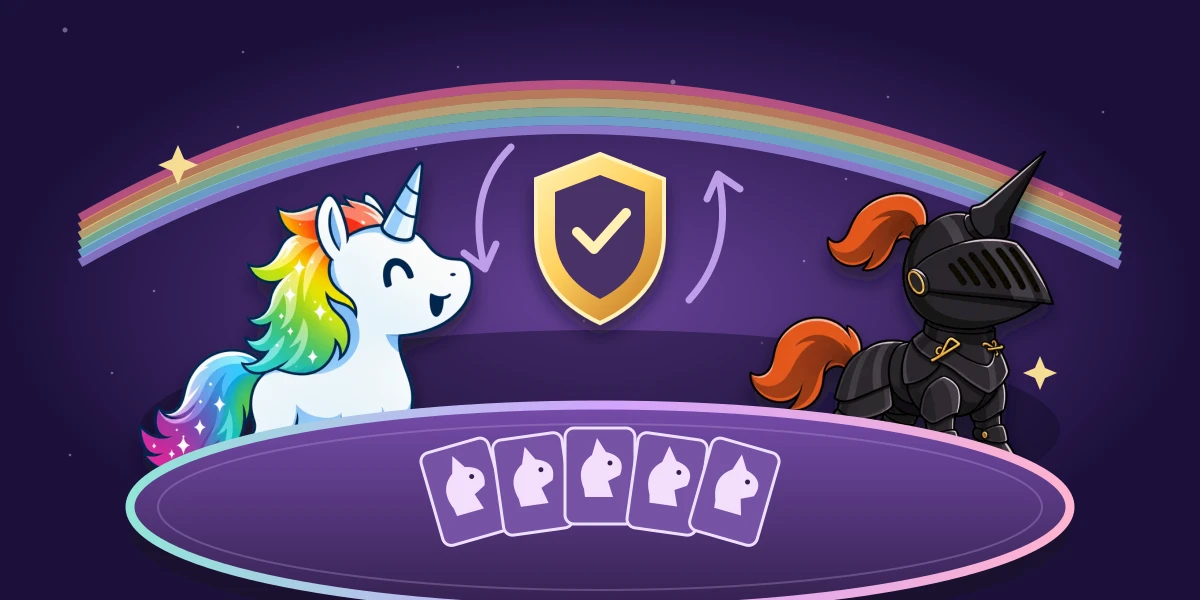 Rainbow Unicorn and Black Knight defend a Stable of Unicorn cards under a golden shield and turn arrows, with a rainbow sweeping across the purple table.