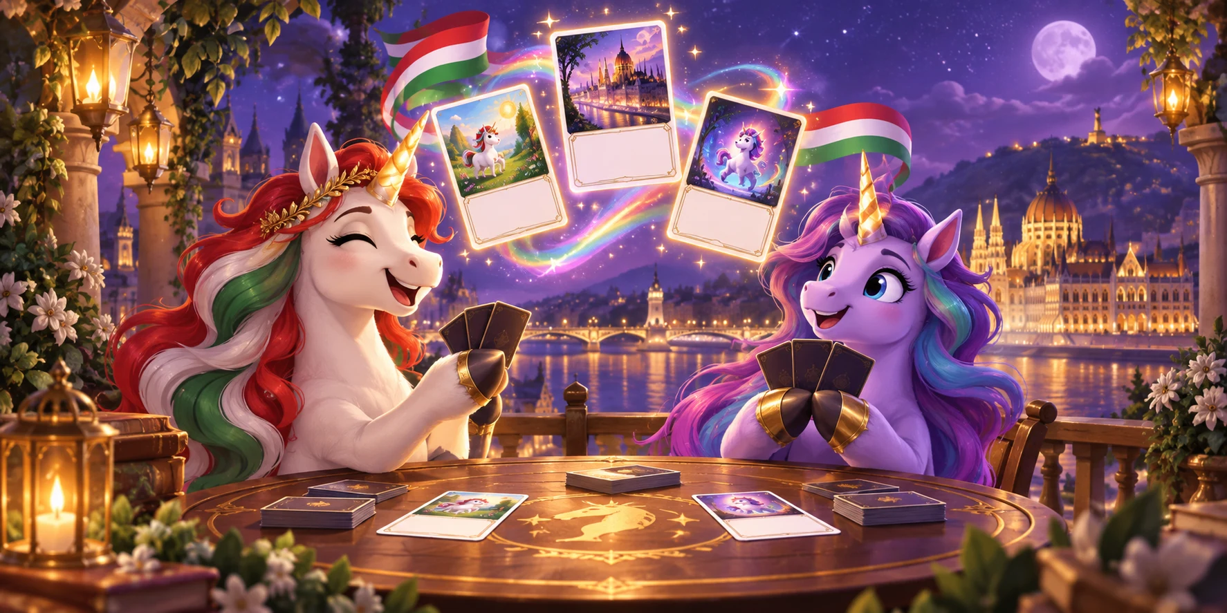 Two unicorns play cards above Budapest, surrounded by Hungarian ribbons and golden lights