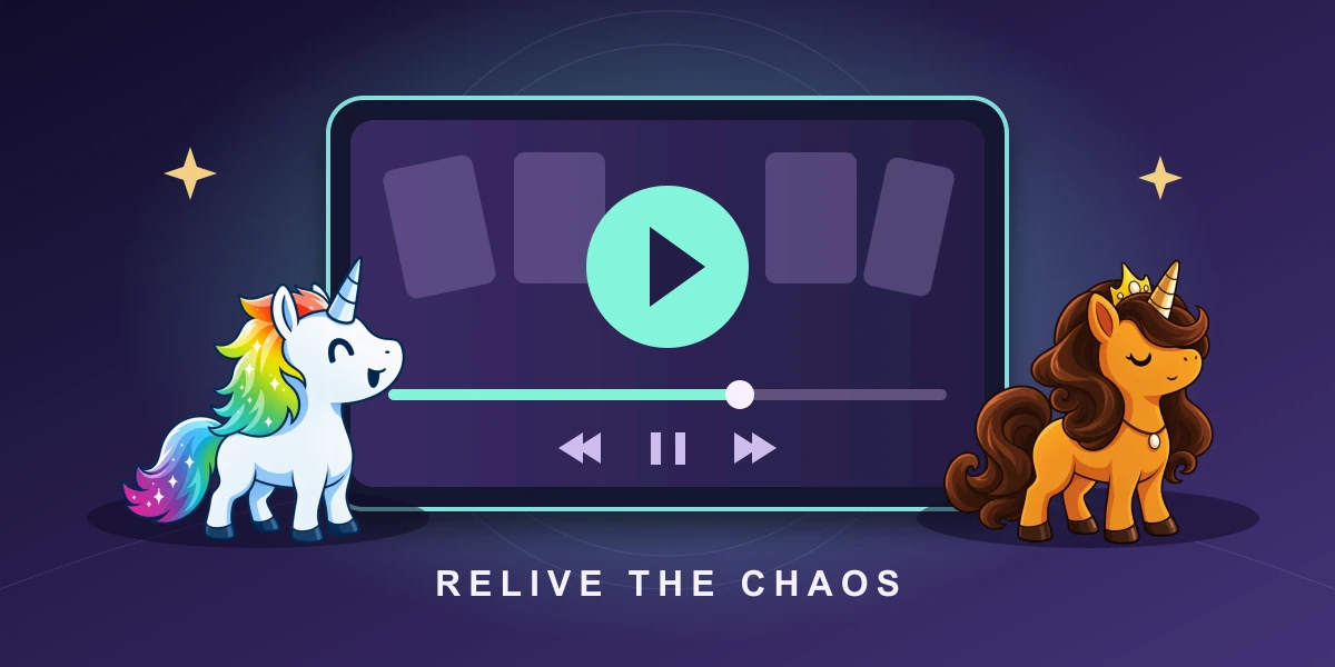 Rainbow and Queen Bee Unicorn watching a glowing replay screen with a play symbol and a match timeline.