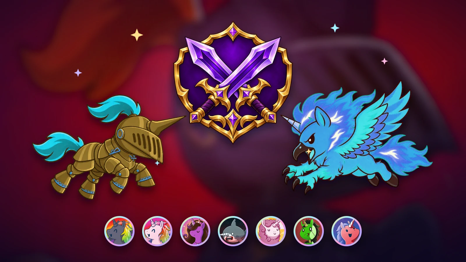 The Rival League's crossed-swords emblem between Black Knight Unicorn in a gilded skin and Unicorn Phoenix in a frost skin, above a row of skin portraits in foil rings.