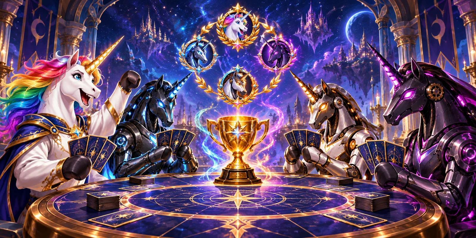 A rainbow-maned unicorn faces three mechanical unicorns around a magical card table beneath a golden trophy.