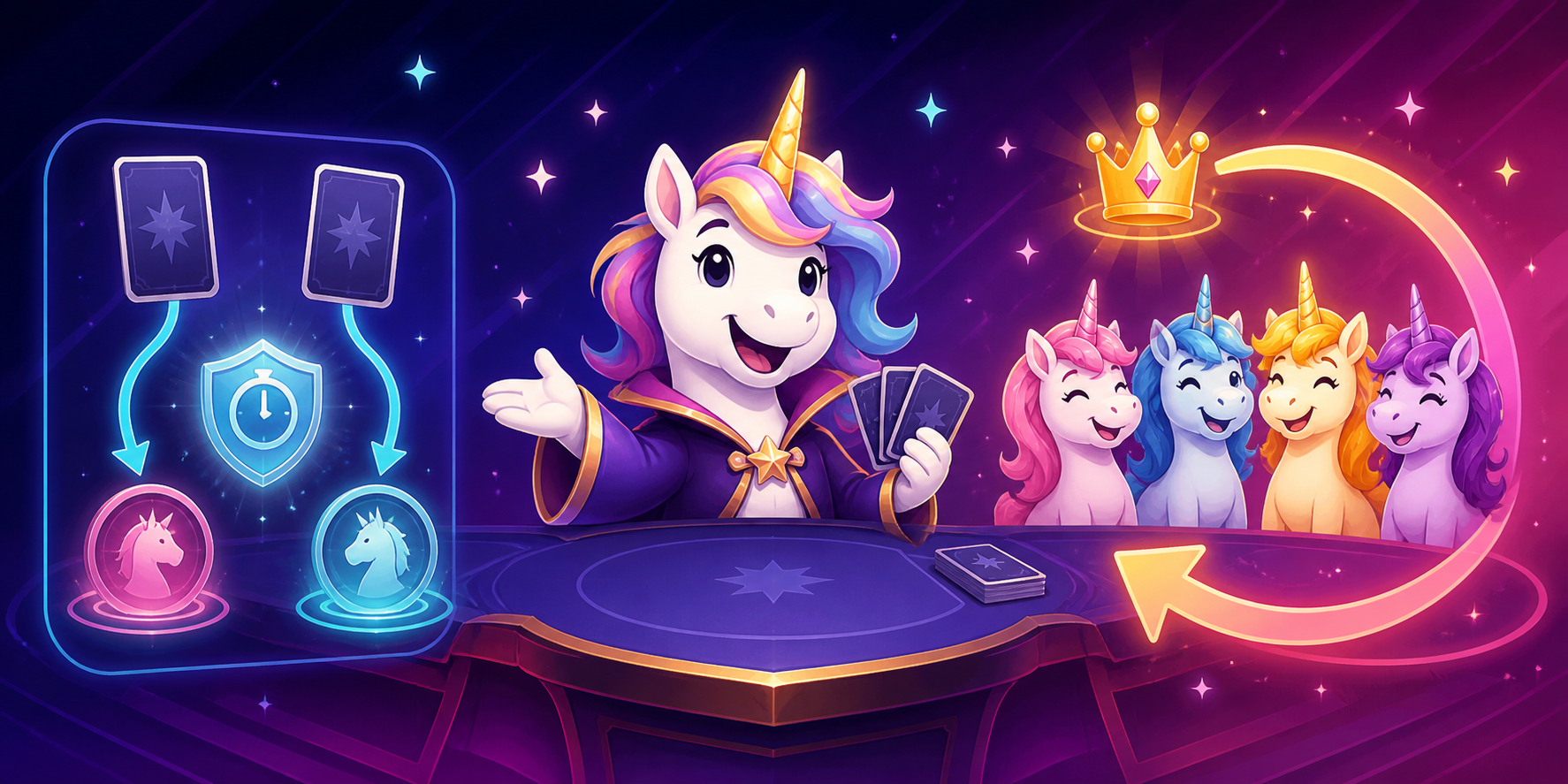 A unicorn game master presents branching card targets beside a glowing counter shield, while a rematch arrow carries a crowned victory back to four smiling unicorn players
