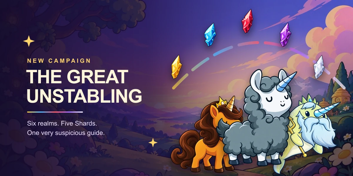 Llamacorn, Queen Bee Unicorn, and The Great Narwhal beneath an arc of five glowing Shards over a twilight meadow.