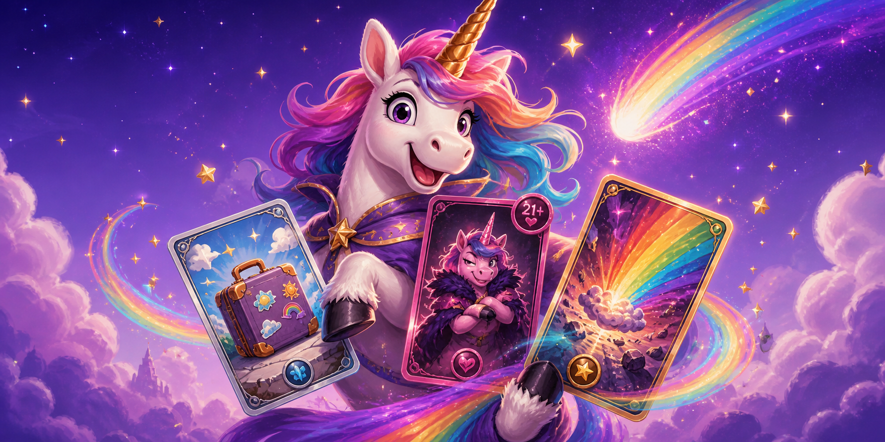 A colorful unicorn holds travel, mature-themed, and rainbow-apocalypse cards beneath a rainbow comet