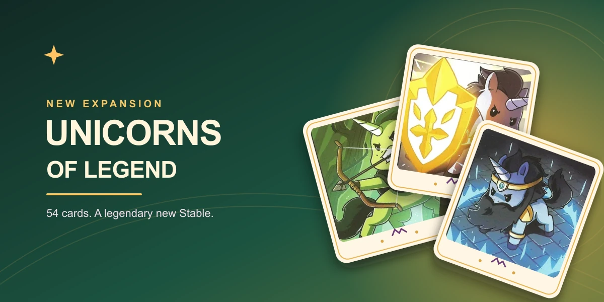 Elficorn Scout, Paladin Unicorn, and Divine Unicorn on golden-framed cards against an enchanted green and gold backdrop.