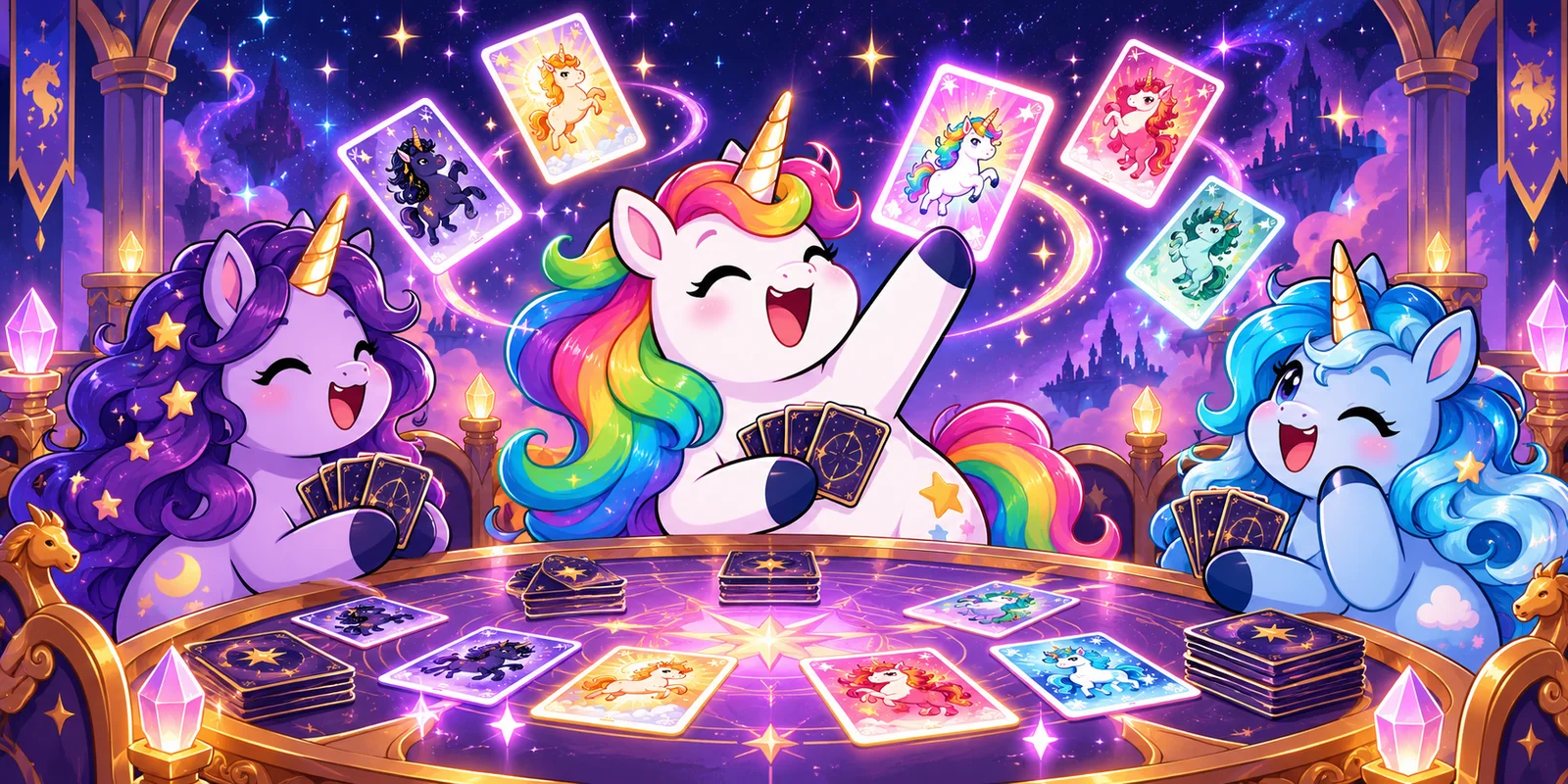 A smiling rainbow-maned unicorn and two colorful companions play cards around a glowing purple table as unicorn cards sparkle overhead.