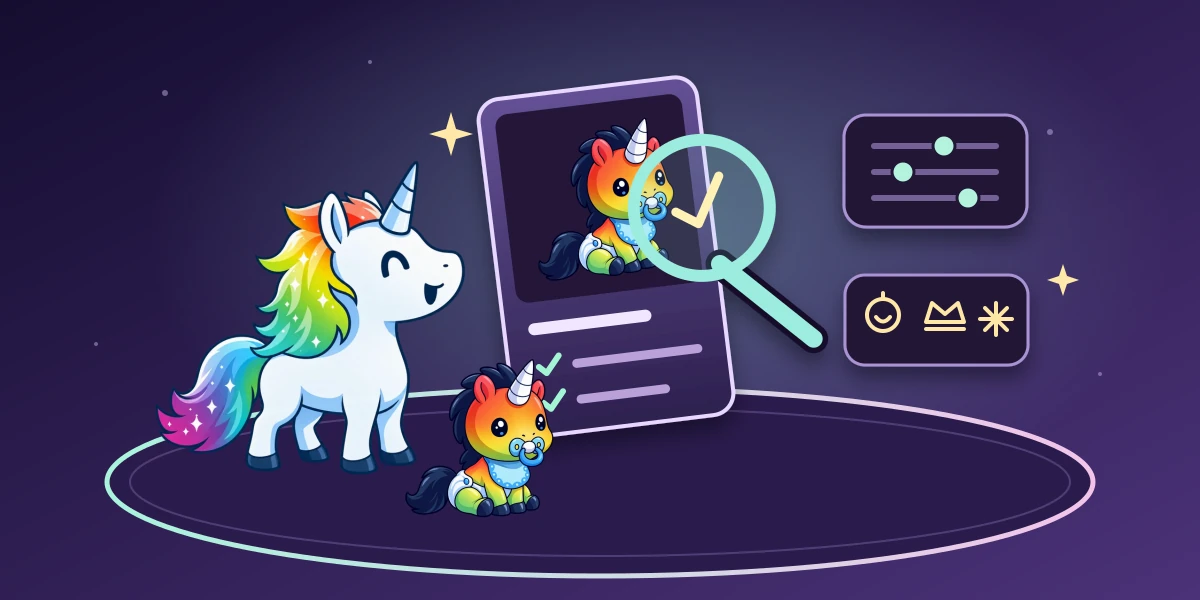 Rainbow Unicorn and Rainbow Baby beside a glowing card with a magnifying glass, card type symbols, and motion controls on a purple table.